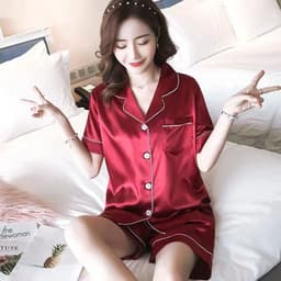 image-Silk Satin Pajamas - Plus Size Short-Sleeved Trousers, 5XL, Double Blue Satin, Comfortable
