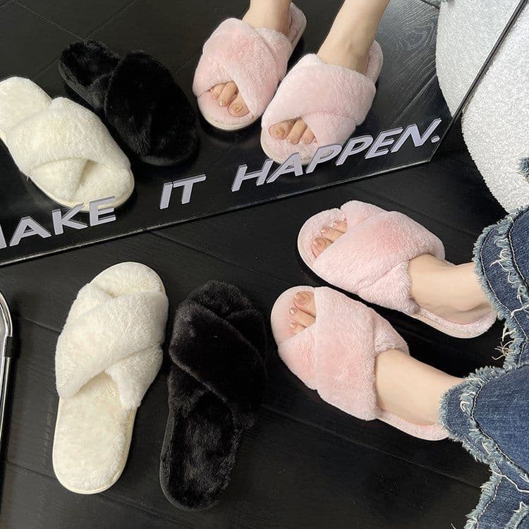image-Women's Fur Slippers - Black Plush Open Toe
