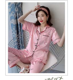 image-Silk Satin Pajamas - Plus Size Short-Sleeved Trousers, 5XL, Double Blue Satin, Comfortable
