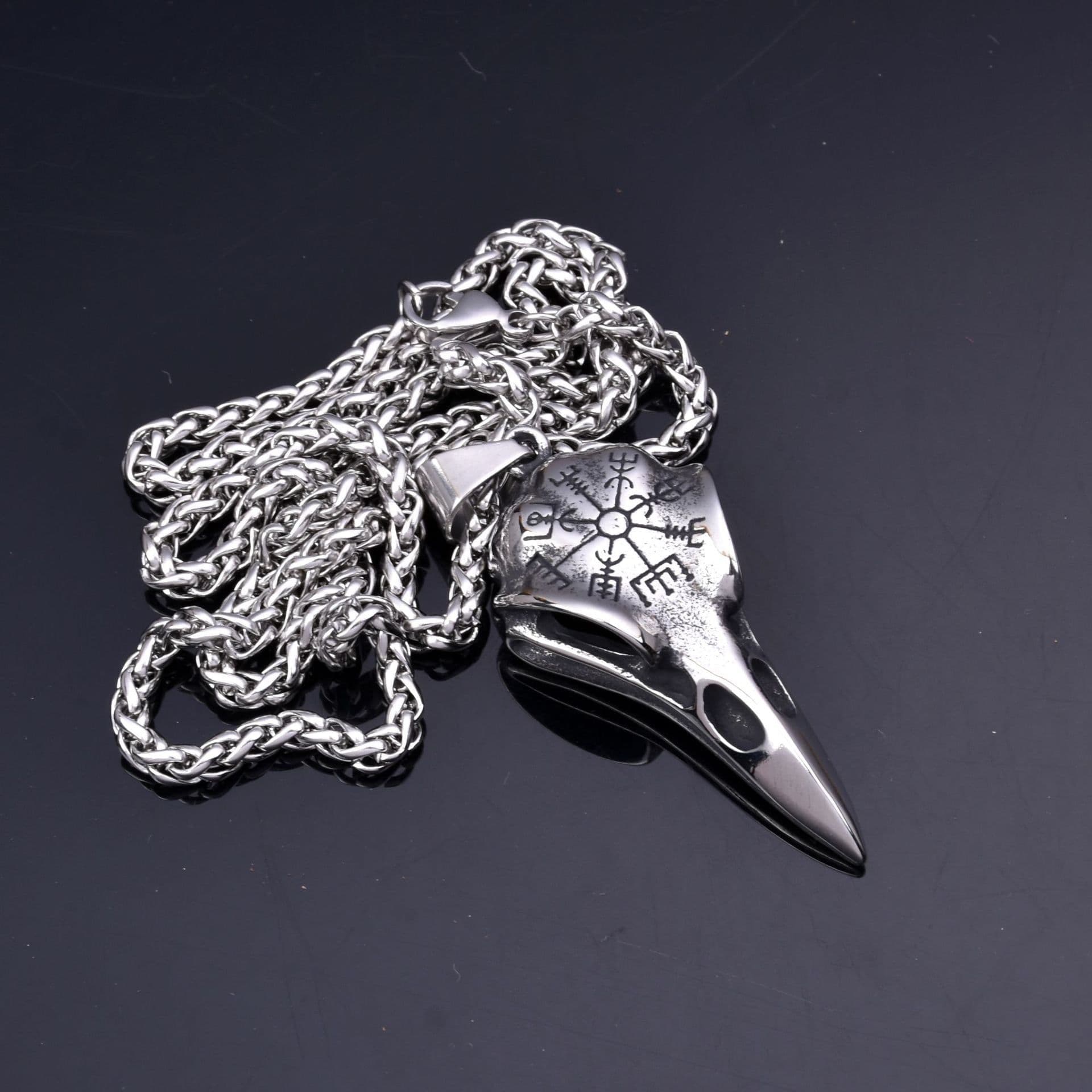 image-Cross-border exclusively for Nordic Viking men stainless steel crow skull compass rune pendant necklace jewelry wholesale