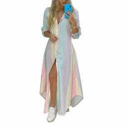 image-2022 spring foreign trade women's clothing temperament print single-breasted slit shirt dress long skirt