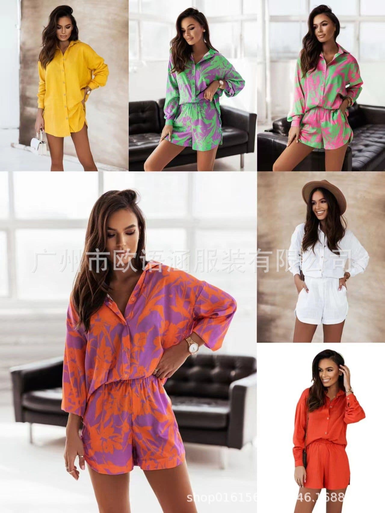 image-Women's Casual Shirt Shorts Set - Multicolor