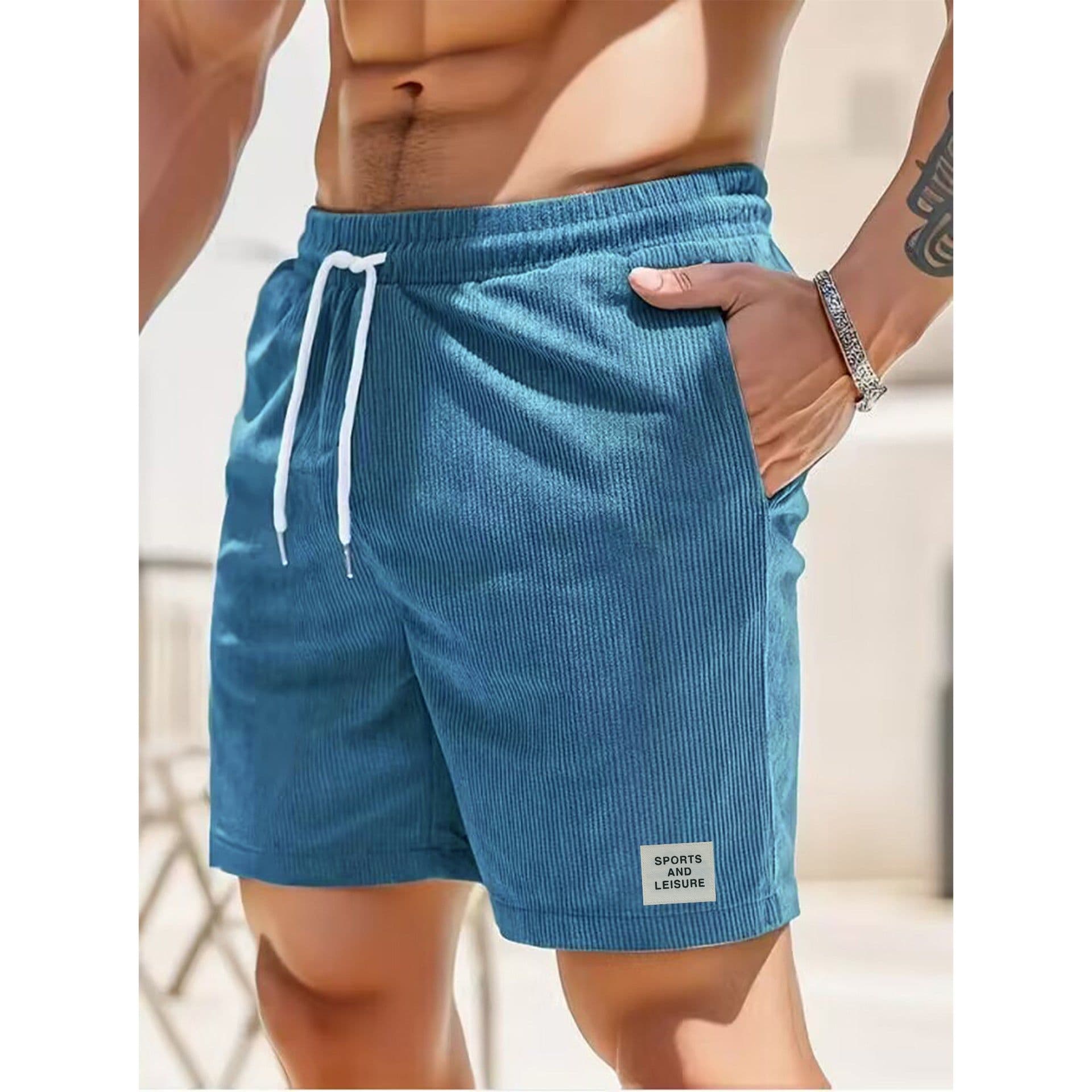image-Men's Corduroy Shorts Blue Lace-Up Sports