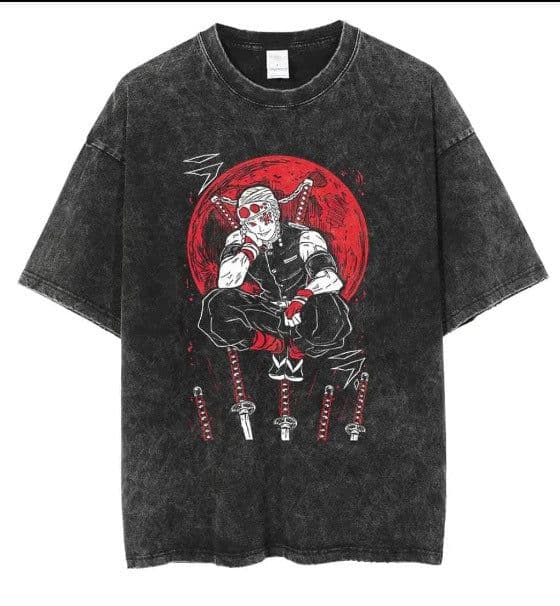 image-Washed Black Cartoon T-shirt, XXXL, Breathable Cotton