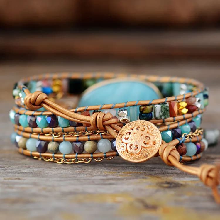 image-Natural Amazonite Hand-Woven Leather Bracelet