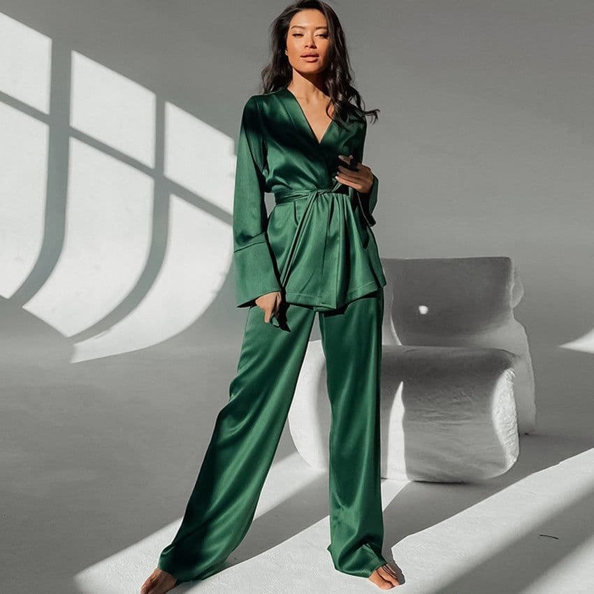 image-Ice Silk Pajama Set - Long Sleeve Nightgown Women's