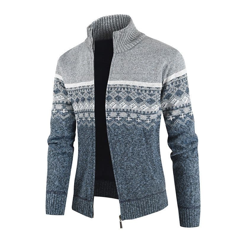 image-Dark Gray Stand Collar Cardigan With Velvet Thickened Knit Sweater Jacket 3XL