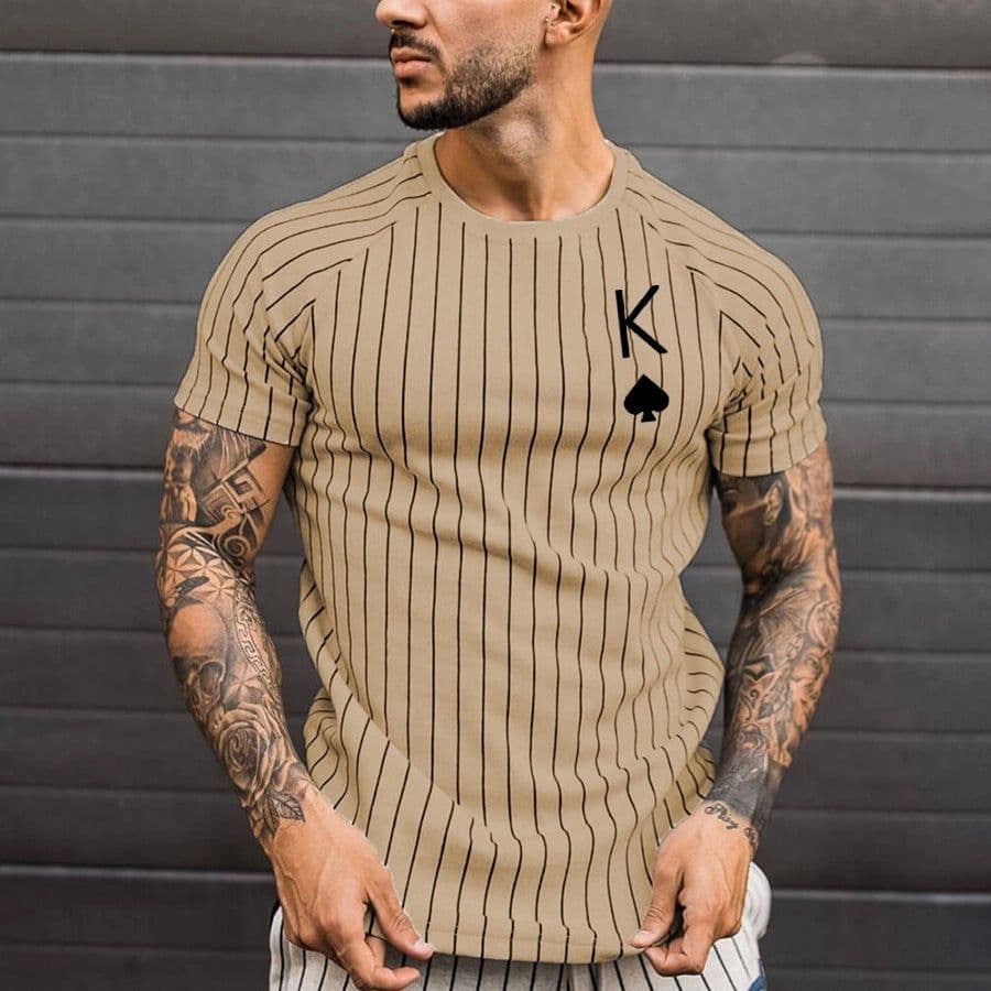 image-Men's Khaki Striped T-Shirt 5XL Short Sleeve