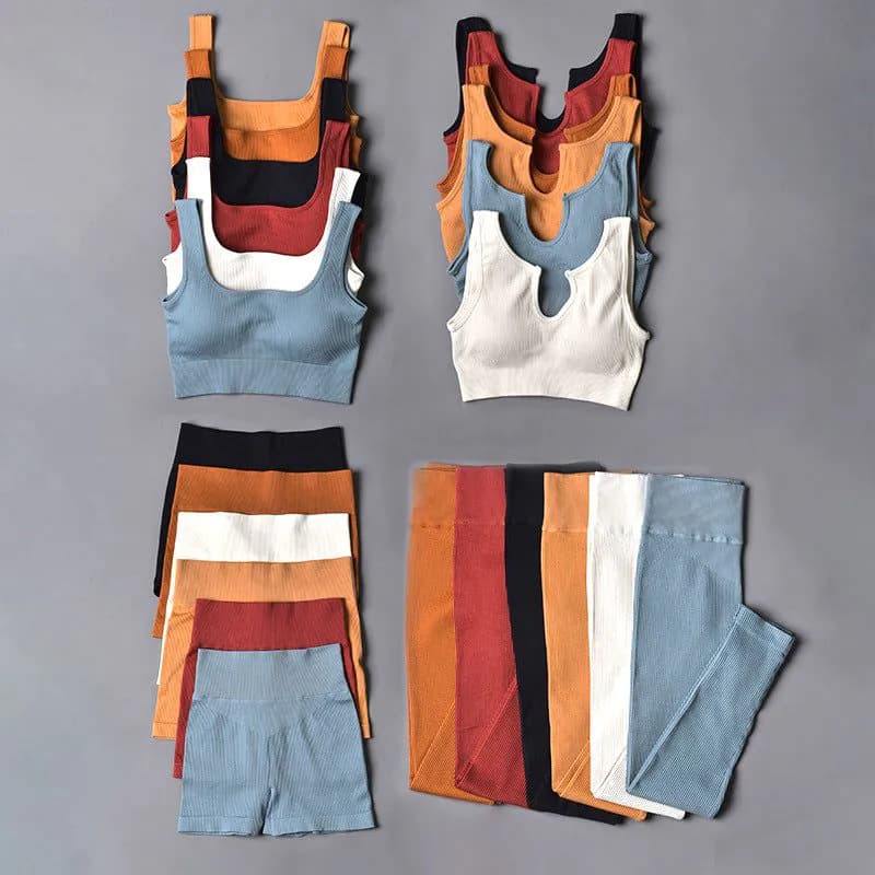 image-2021 Yoga Suit - Brown Four-Piece Set, Short Sleeve, Leggings, Size S