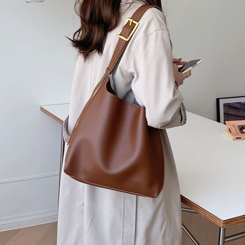 image-Versatile ins large capacity bag female 2024 new lazy style bucket bag retro shoulder messenger bag tote bag