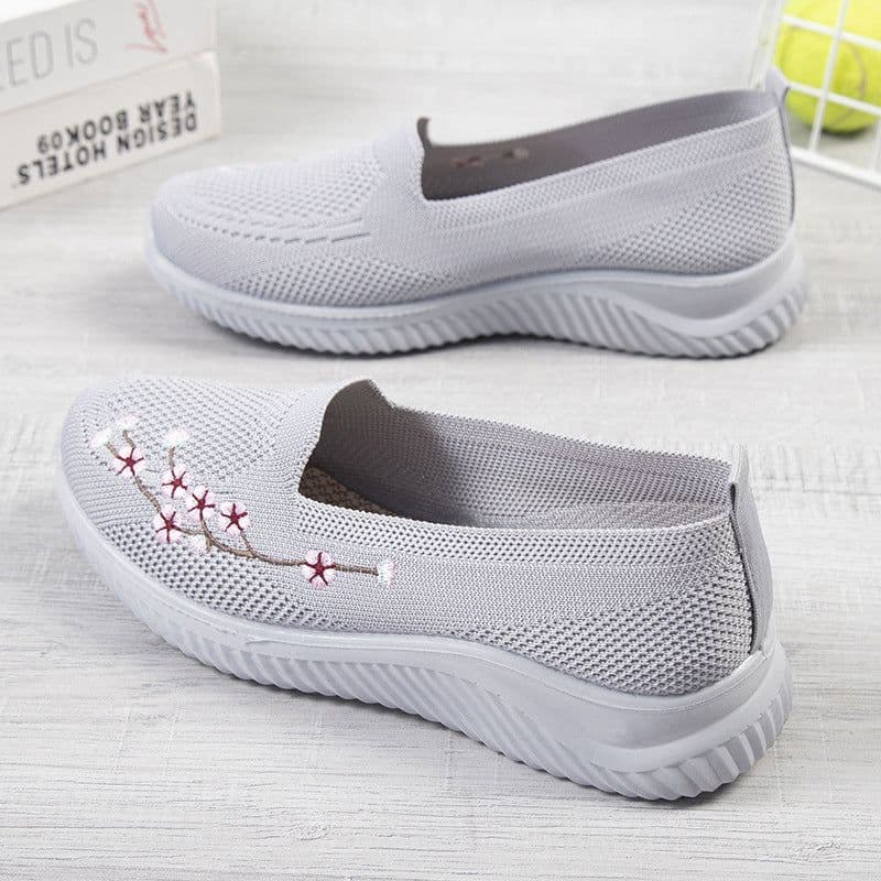 image-Women's Embroidered Sports Shoes - Lightweight, Pink/Black/Gray, Flat Heel