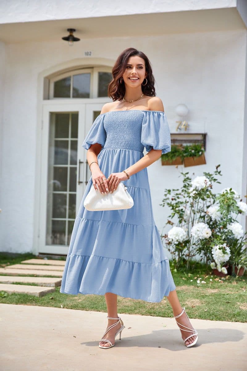 image-Summer Cross-Border Women's Dress - Square Collar Backless Puff Sleeves (54 characters)