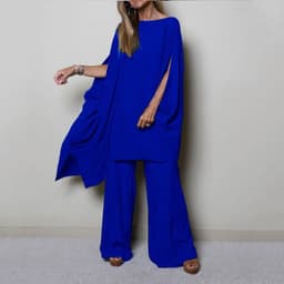 image-Women's Casual Suit Set - Blue Polyester Dolman Sleeves