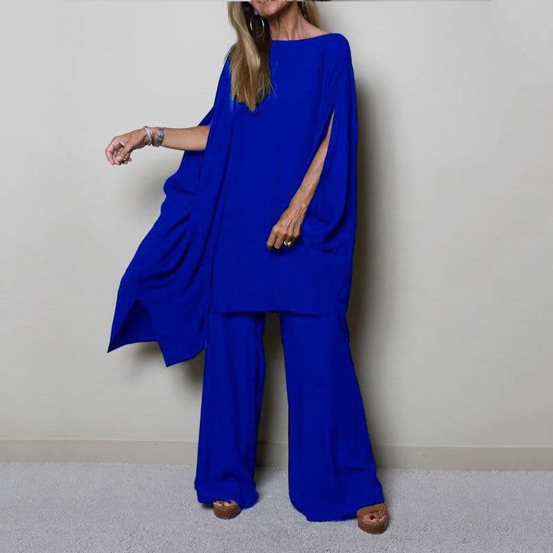 image-Women's Casual Suit Set - Blue Polyester Dolman Sleeves