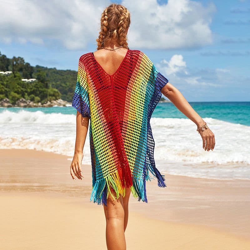 image-Women's Rainbow Hollow Bikini Blouse - Beach Cover Up