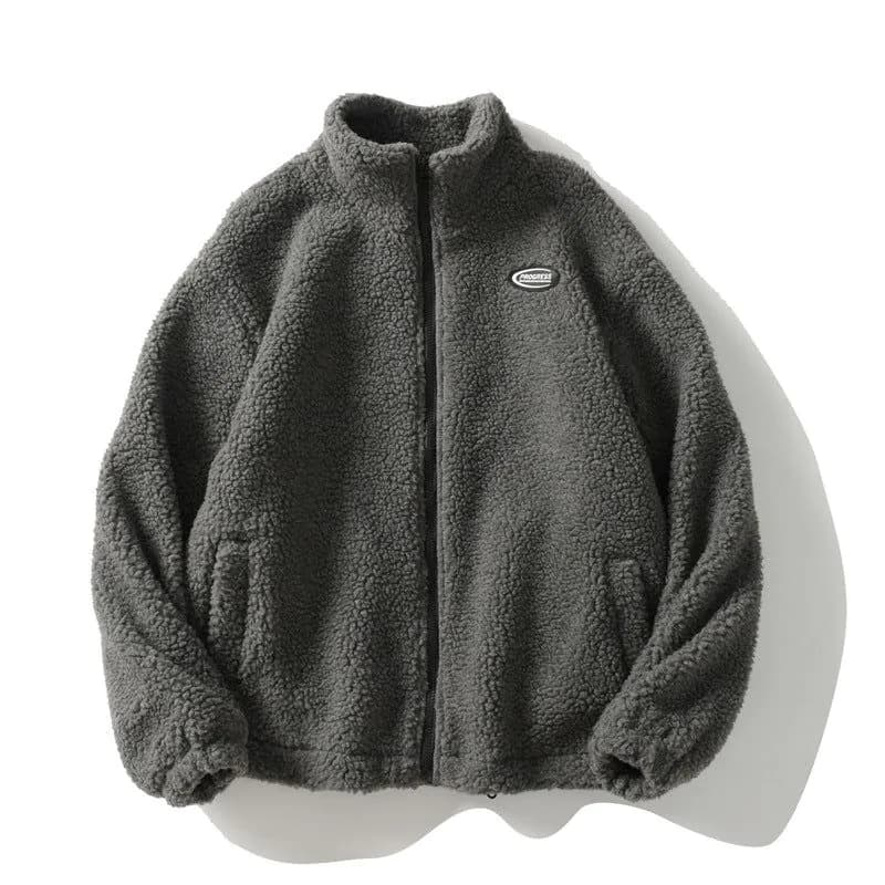 image-Trendy Loose Solid Wool Jacket, XXL, Zipper, White, Men's Fall/Winter