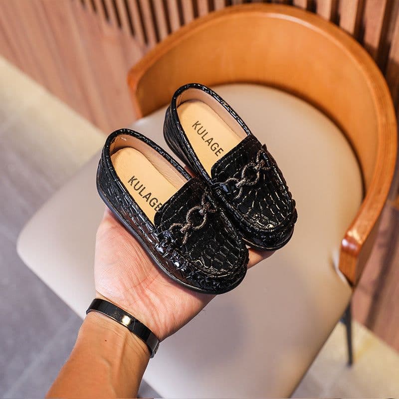 image-Kids Black Leather Loafers - Slip-On Dress Shoes