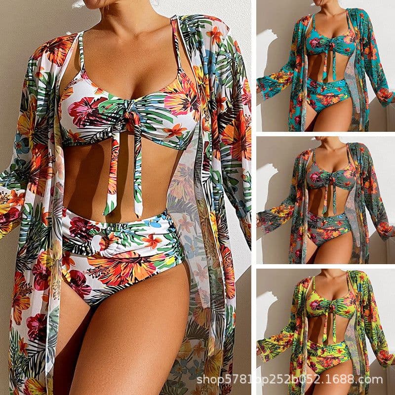 image-Women's 3-Piece Bikini Set - Green Long Sleeve Cover-Up