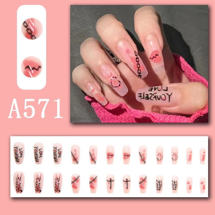 image-Winter fresh and simple pure lust style bride dance wear nails rainbow love rose fake nails wholesale