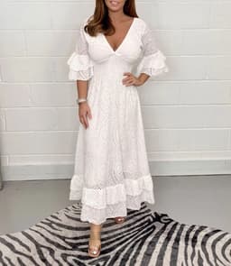 image-Women's Cotton V-Neck Dress - White High-Waist 5XL