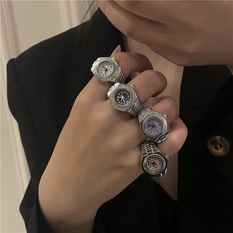 image-European Fashion Punk Watch Ring - Couples Mini Clock, Elastic, Retro (65 characters)