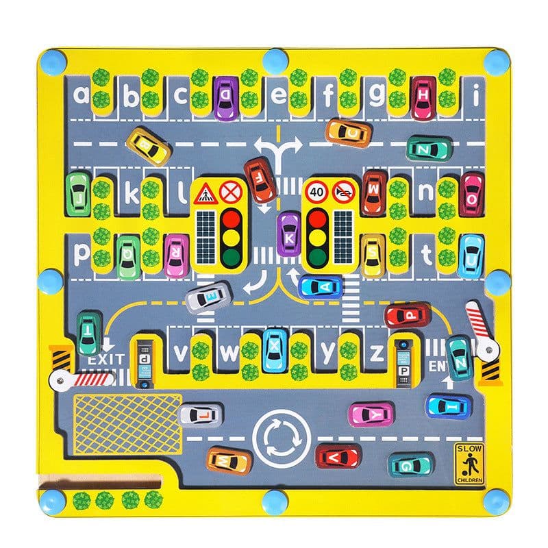image-Magnetic Letter Matching Parking Maze Game - Wood
