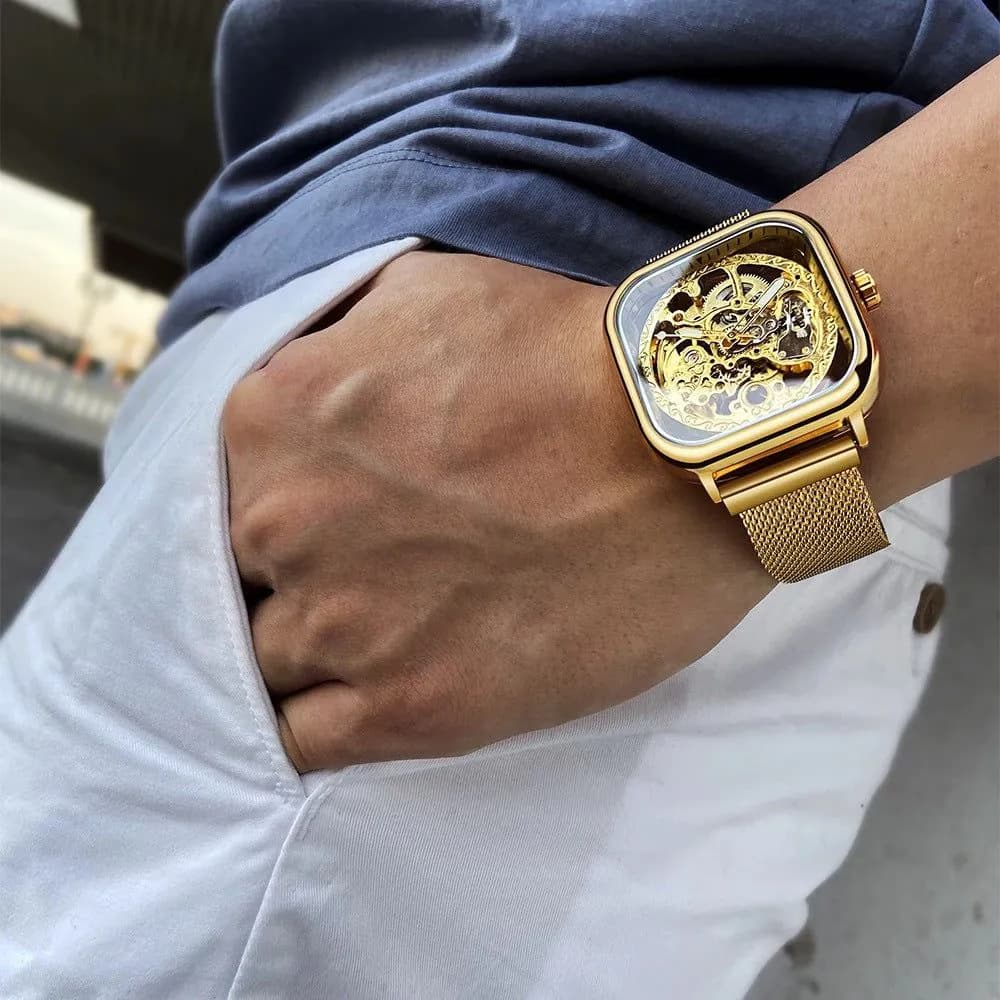image-Forsining gold hollow watch men's fully automatic mechanical watch luminous mesh belt watch a generation