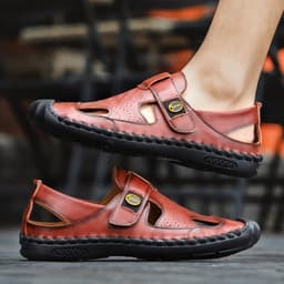 image-Men's Trendy Leather Sandals - Beach Slippers, Non-Slip, Brown