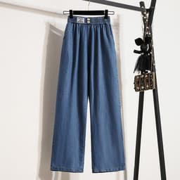 image-Navy Blue Tencel Denim Wide-Leg High Waist Pants Women Summer