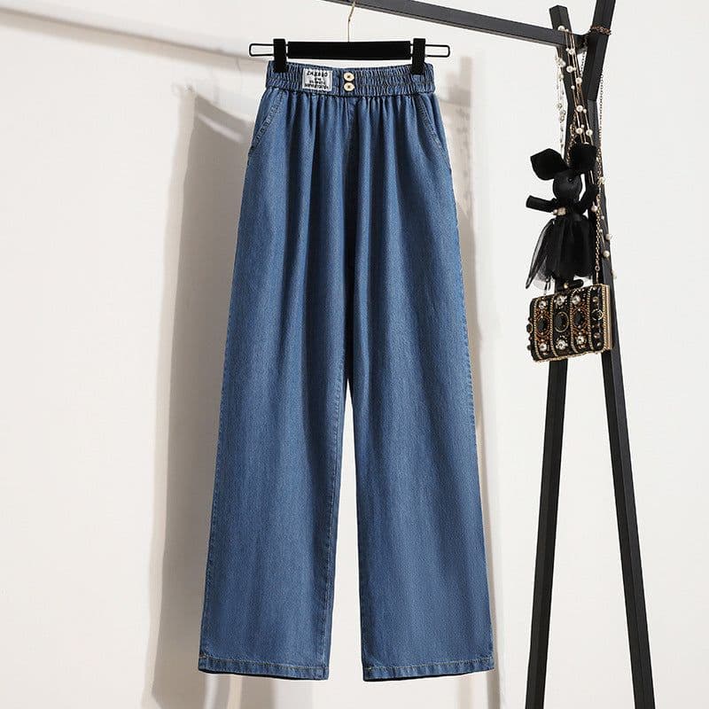 image-Navy Blue Tencel Denim Wide-Leg High Waist Pants Women Summer