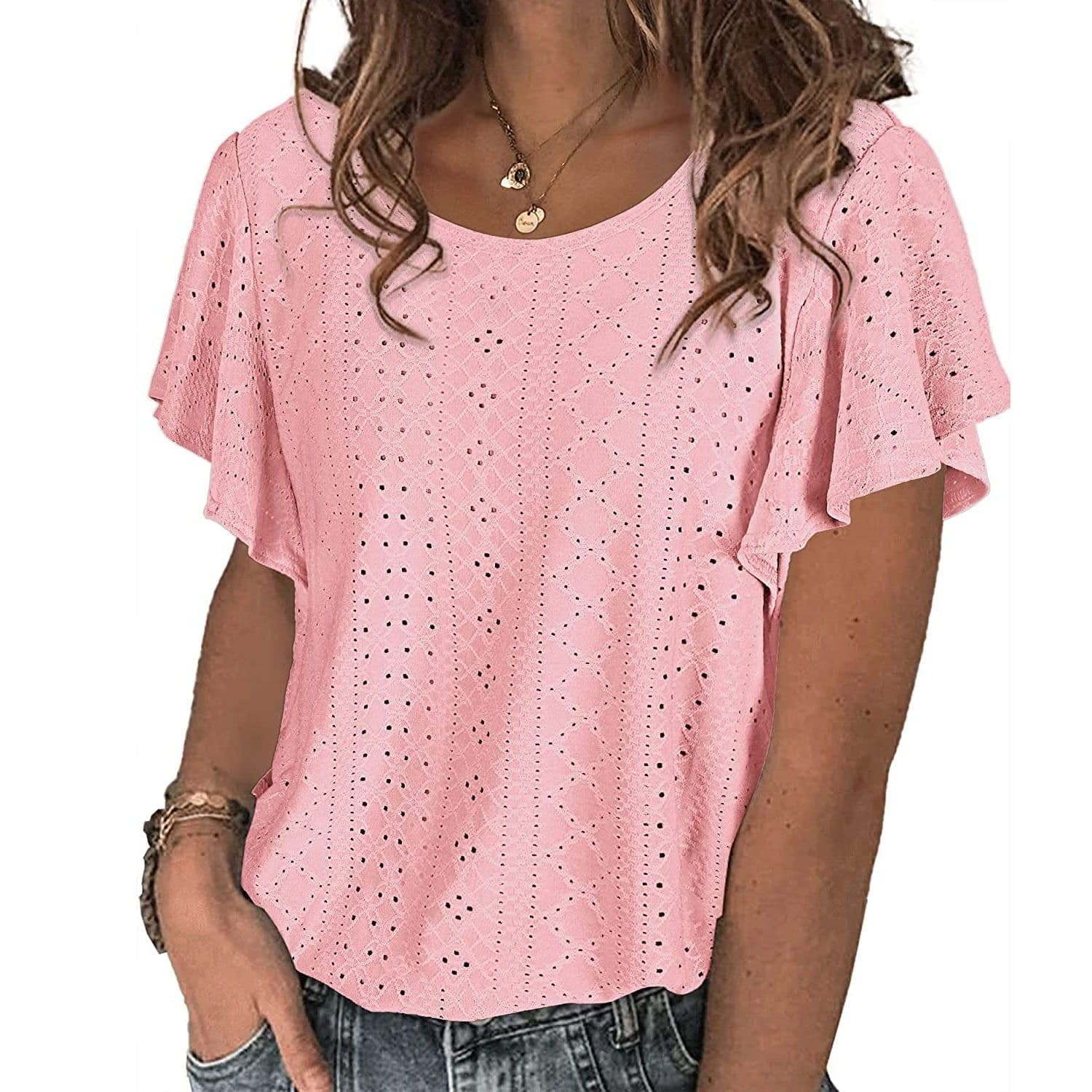 image-Women's Ruffled Sleeve T-Shirt - Sky Blue Hollow Out