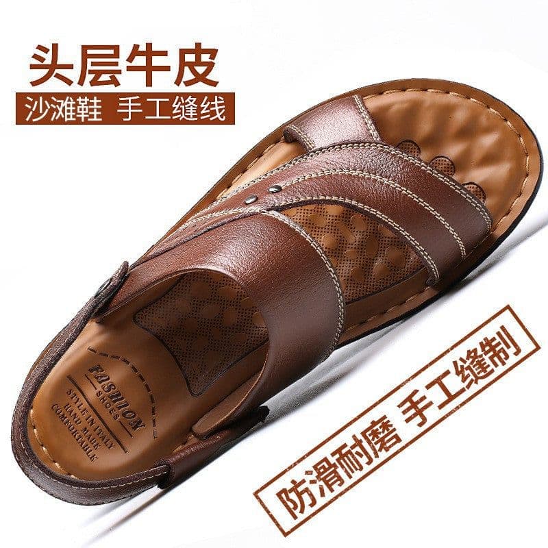 image-Men's Leather Sandals - Yellow Brown Size 46
