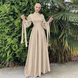 image-Women's Satin Abaya Dress - Long Sleeve Lace-Up