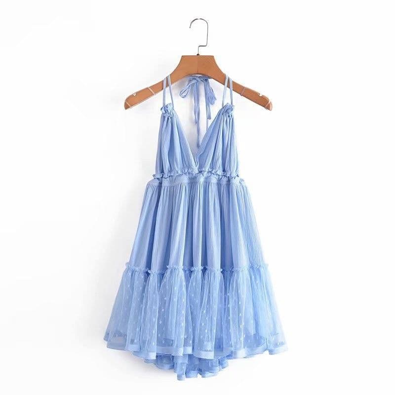 image-Foreign Trade 2022 Summer New European and American V-neck Waist Slim Hem Mesh Stitching Backless Suspender Dress Women