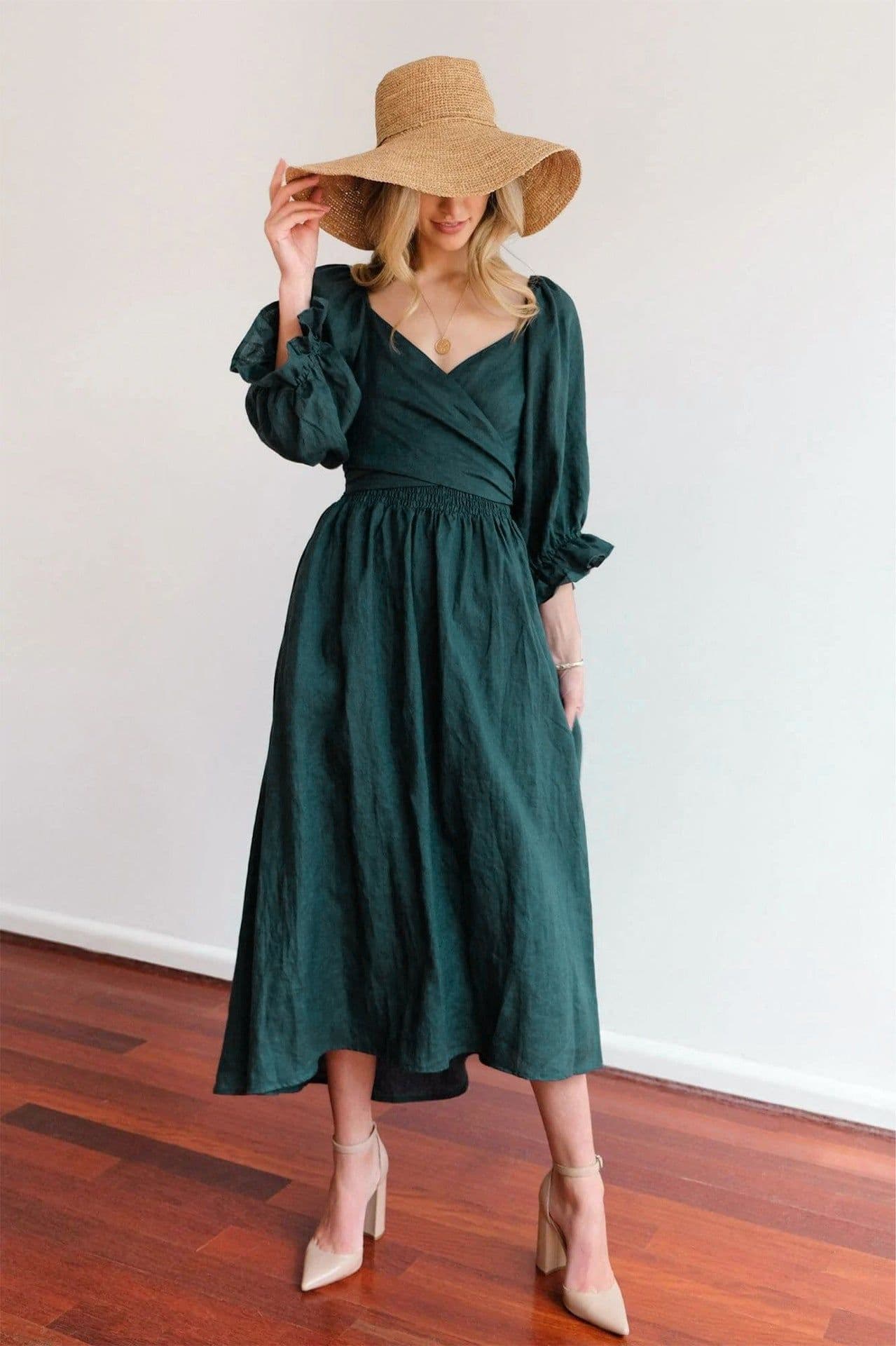 image-Mido Emerald Midi Dress - High Waist Lantern Sleeve