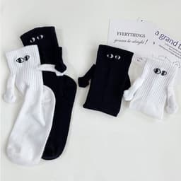 image-Magnetic Holding Hands Socks - White Funny Couple Socks for All Ages - Solid Color Mid-Tube Design