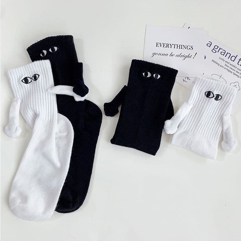 image-Magnetic Holding Hands Socks - White Funny Couple Socks for All Ages - Solid Color Mid-Tube Design