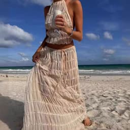 image-2024 summer new European and American cross-border sexy backless halter neck foreign trade pleated lace vest long skirt suit