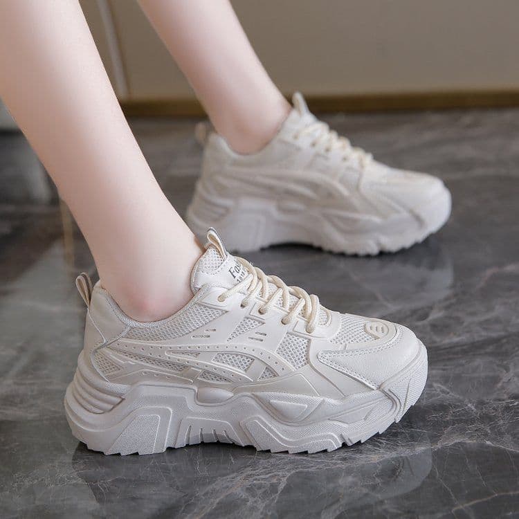 image-Trendy Lightweight Breathable Dad Shoes - Beige, Women's Sports Running Lace-Up