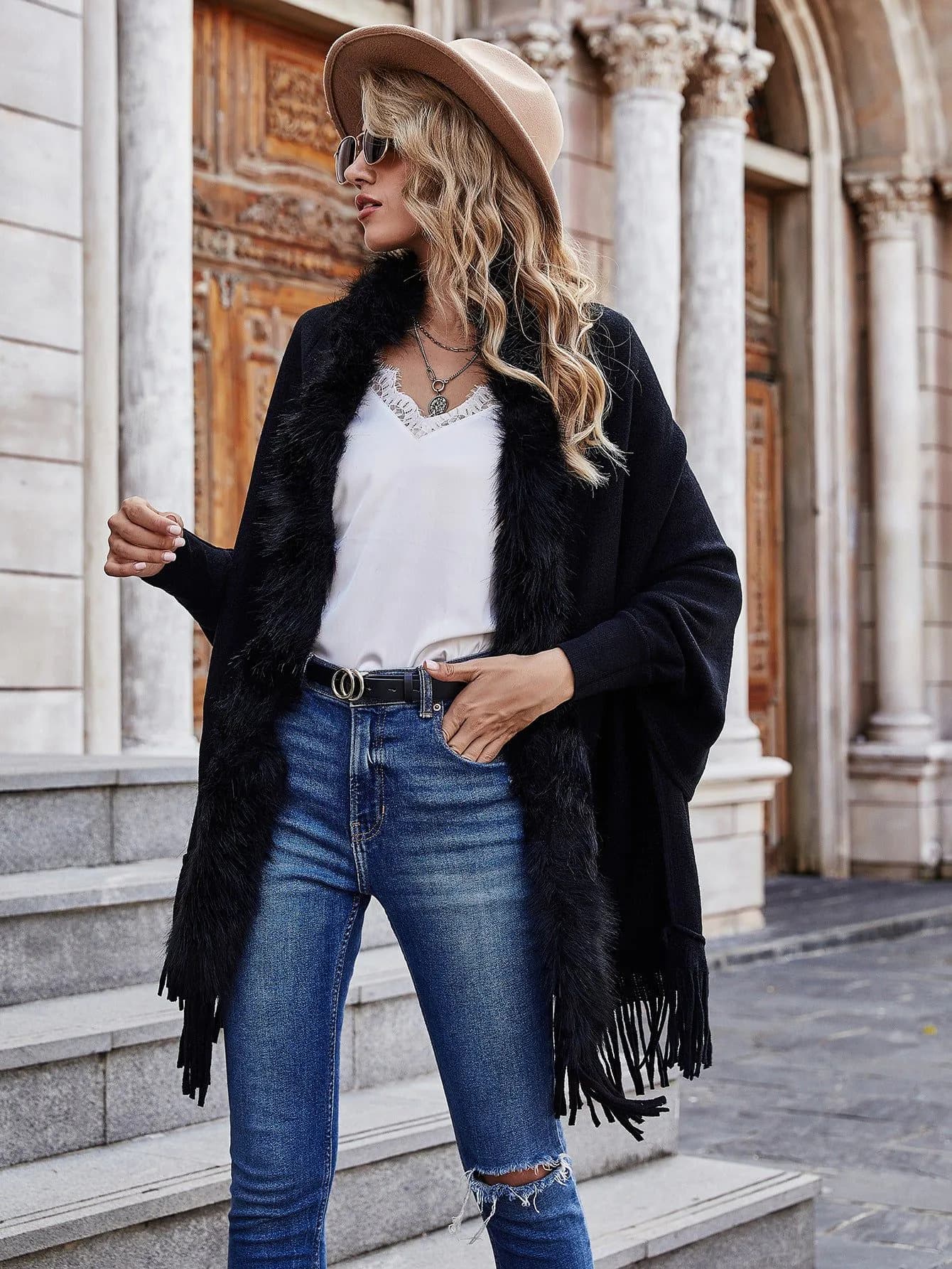 image-Dark Blue Cardigan Sweater Women Fur Collar