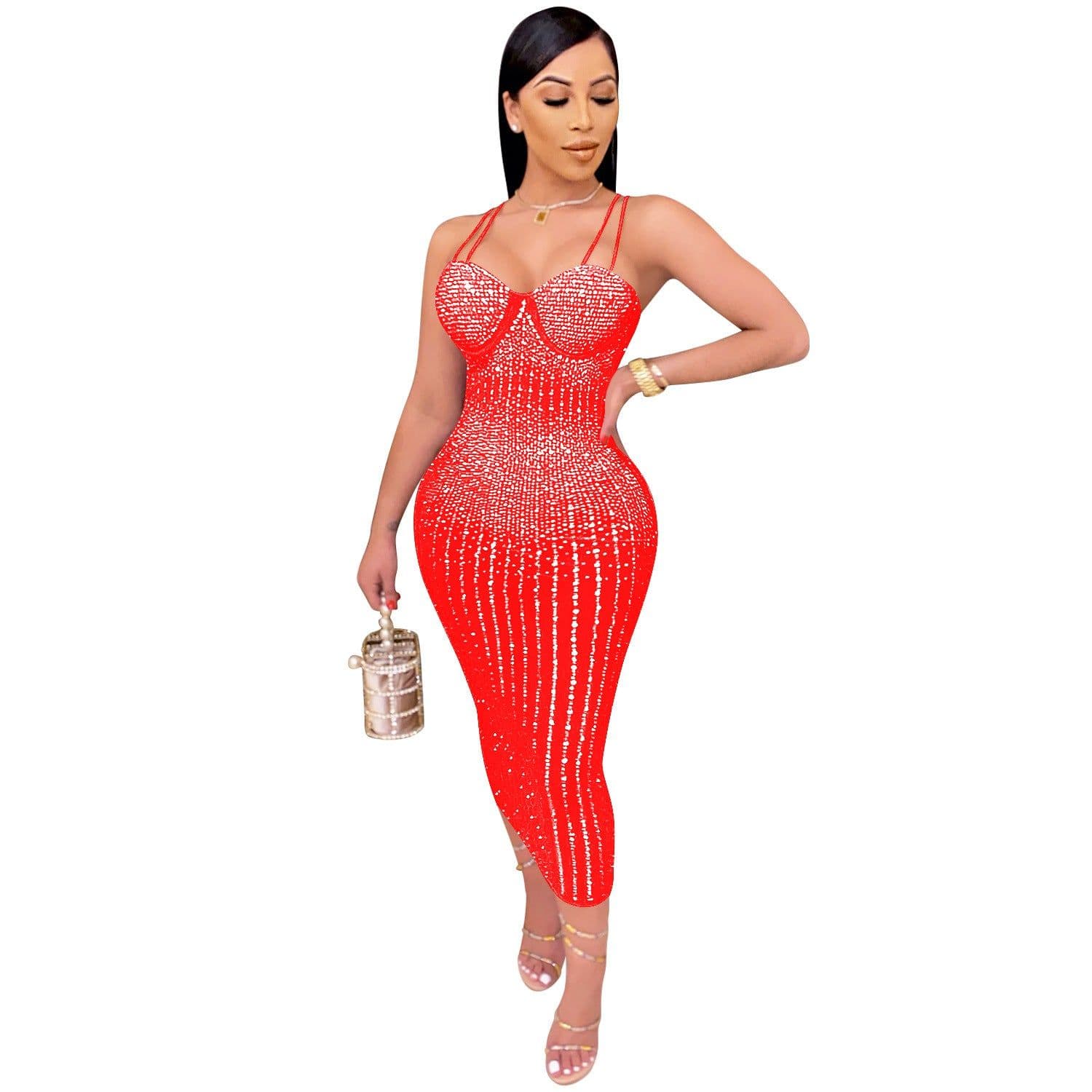 image-Women's Mesh Dress - Diamond Embellished U-Neck Midi