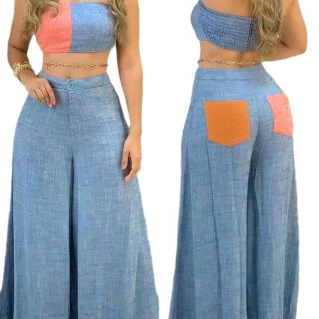 image-Caramel Women's Tube Top Pant Suit - Light Blue Sleeveless