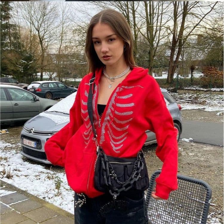 image-HPYMRT Skeleton Hoodie Sweater - Red Zipper XL