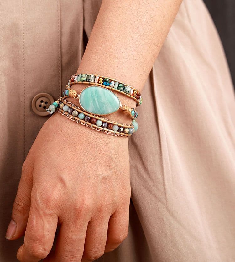 image-Natural Amazonite Hand-Woven Leather Bracelet