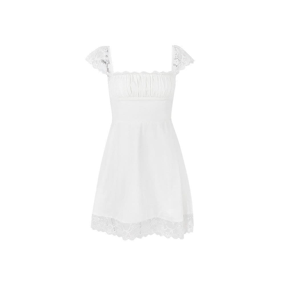 image-Women's White Lace Square Neck Dress - Backless High Waist