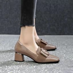 image-Women's PU Leather Square Toe Chunky Heel Shoes - Khaki