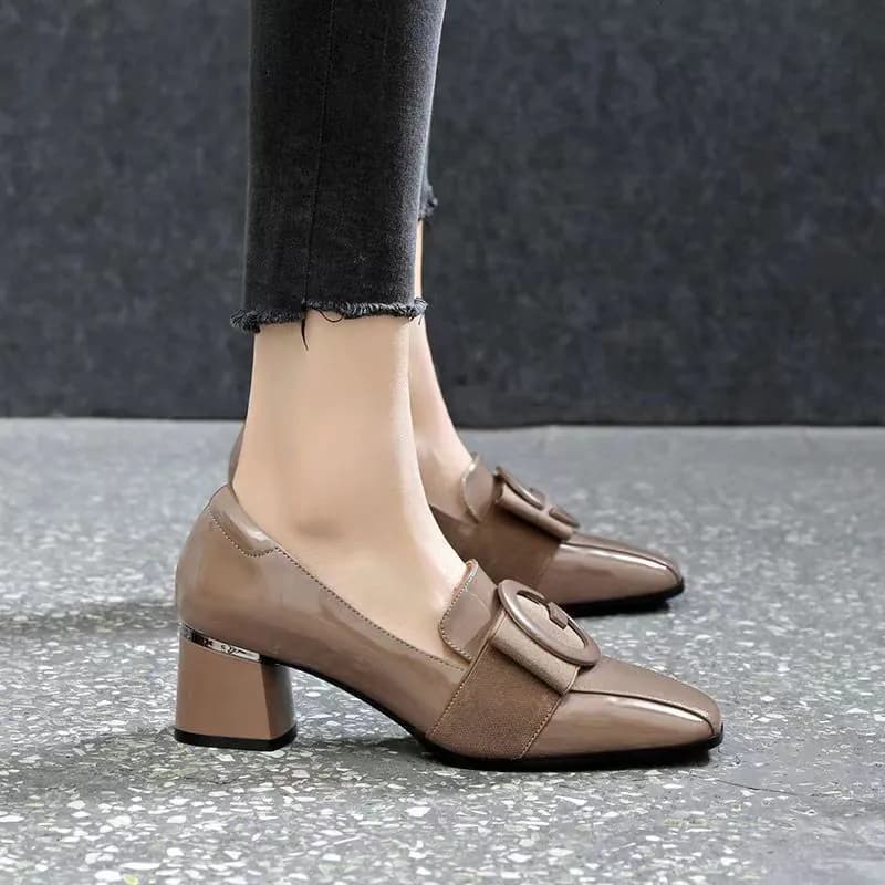 image-Women's PU Leather Square Toe Chunky Heel Shoes - Khaki