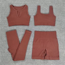 image-2021 Yoga Suit - Brown Four-Piece Set, Short Sleeve, Leggings, Size S