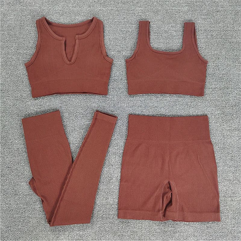 image-2021 Yoga Suit - Brown Four-Piece Set, Short Sleeve, Leggings, Size S