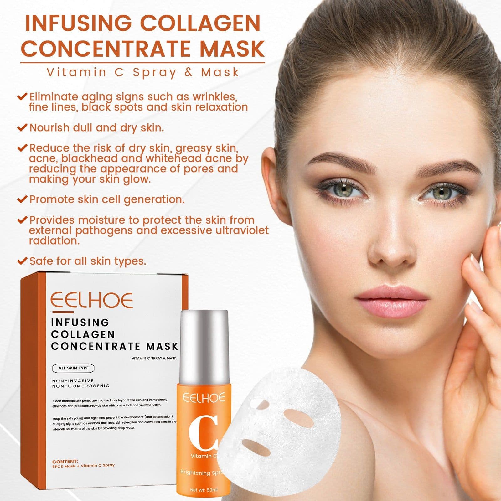 image-EELHOE Collagen Anti-aging Mask Spray, 5pcs + 50ml, Universal Skin